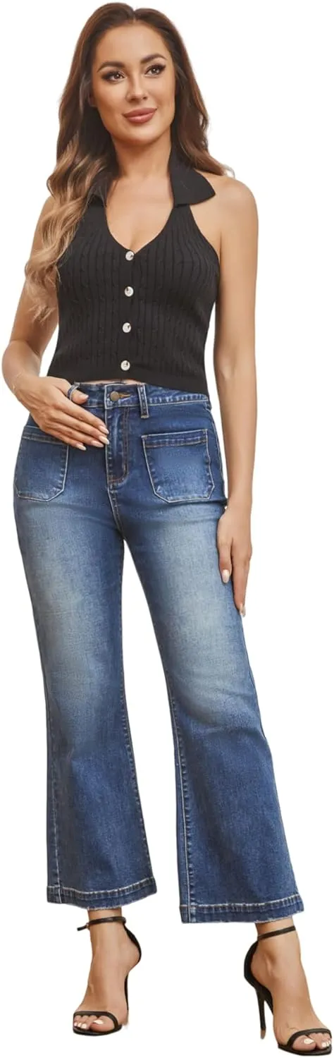 Women??s Wide Leg Petite Jeans High Waisted Stretchy Cropped Flare Jeans with Patch Pockets