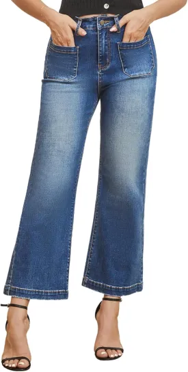 Women??s Wide Leg Petite Jeans High Waisted Stretchy Cropped Flare Jeans with Patch Pockets
