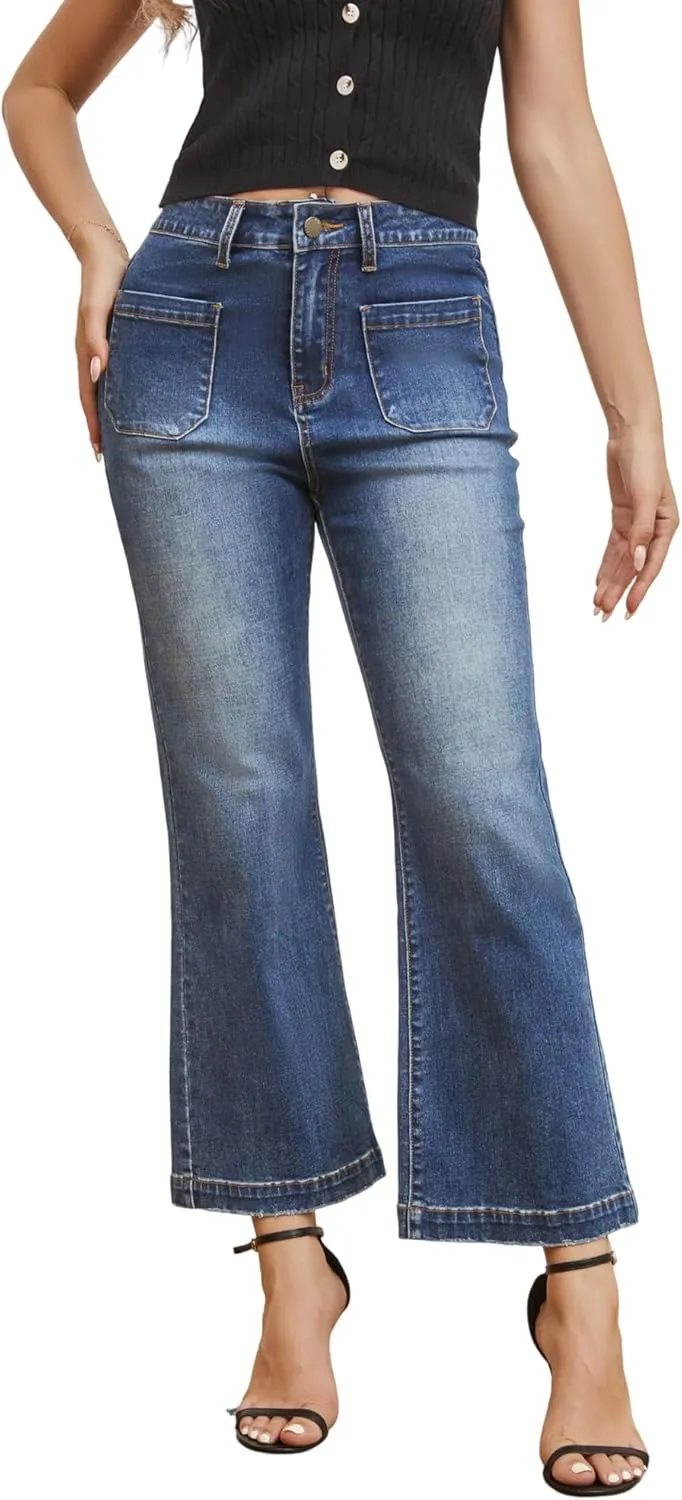 Women??s Wide Leg Petite Jeans High Waisted Stretchy Cropped Flare Jeans with Patch Pockets