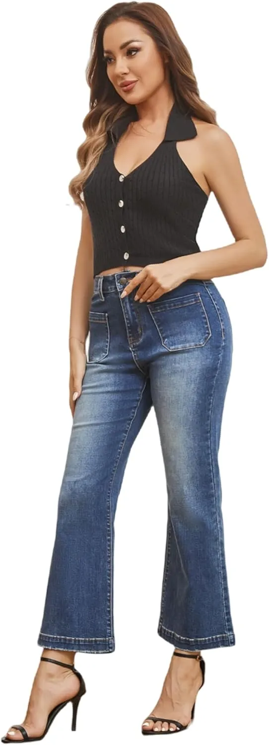 Women??s Wide Leg Petite Jeans High Waisted Stretchy Cropped Flare Jeans with Patch Pockets