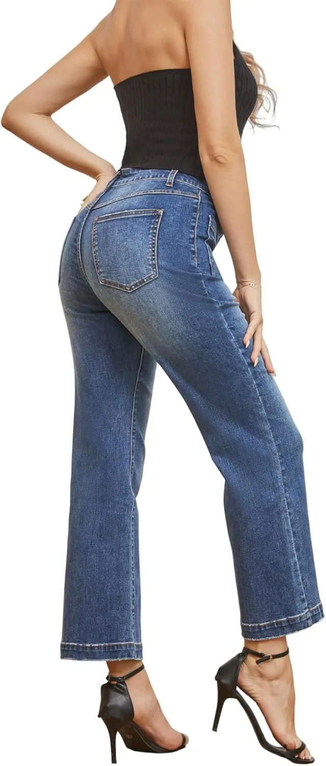 Women??s Wide Leg Petite Jeans High Waisted Stretchy Cropped Flare Jeans with Patch Pockets