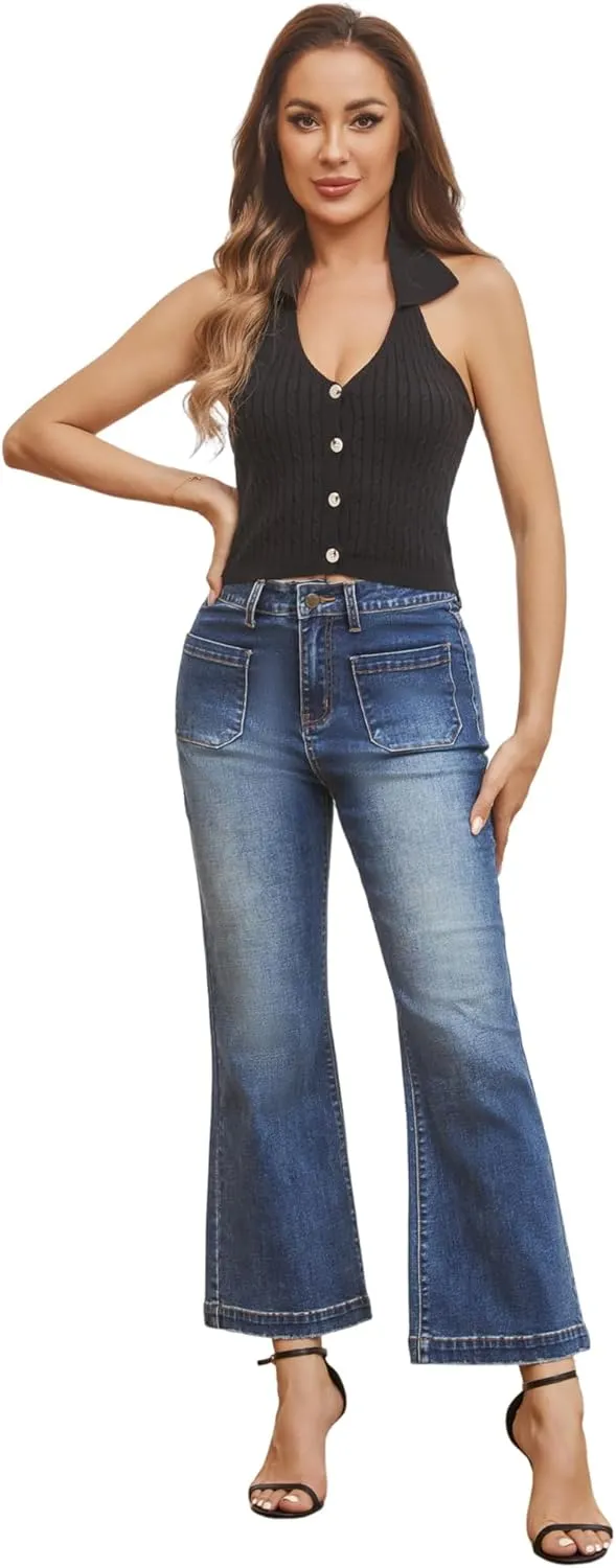 Women??s Wide Leg Petite Jeans High Waisted Stretchy Cropped Flare Jeans with Patch Pockets