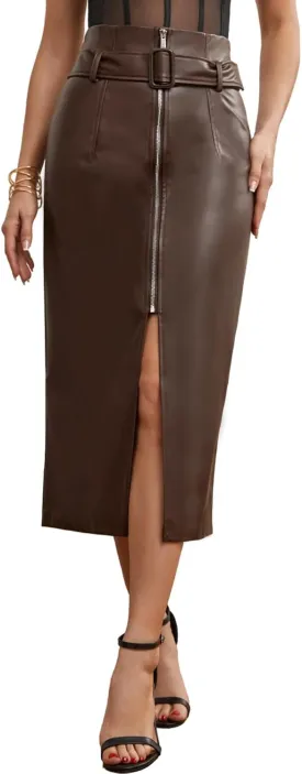 Women's Zip Up Midi Leather Skirt with Belt High Waist Split Leather Skirt