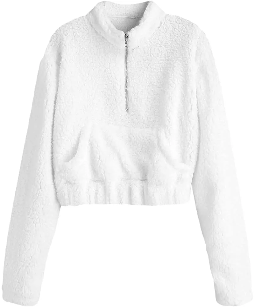 ZAFUL Women's Sherpa Half Zip Pullover Fleece Plaid Leopard Cropped Sweatshirts