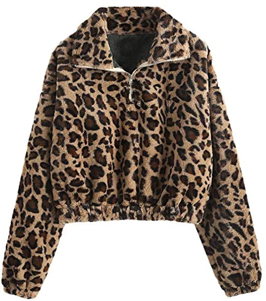 ZAFUL Women's Sherpa Half Zip Pullover Fleece Plaid Leopard Cropped Sweatshirts