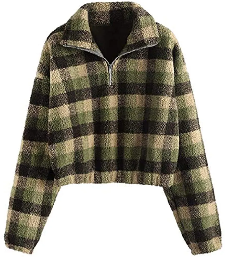 ZAFUL Women's Sherpa Half Zip Pullover Fleece Plaid Leopard Cropped Sweatshirts