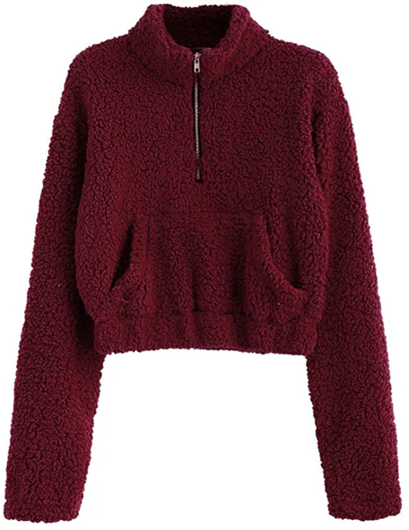ZAFUL Women's Sherpa Half Zip Pullover Fleece Plaid Leopard Cropped Sweatshirts