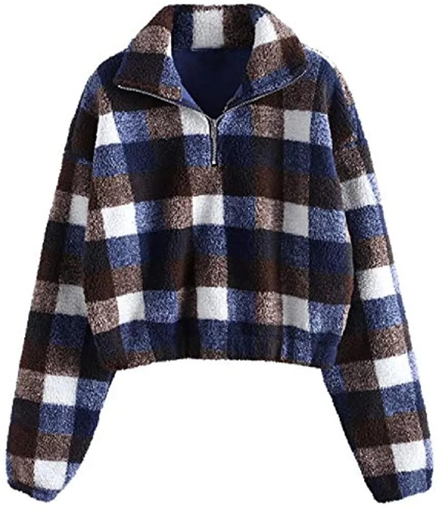 ZAFUL Women's Sherpa Half Zip Pullover Fleece Plaid Leopard Cropped Sweatshirts