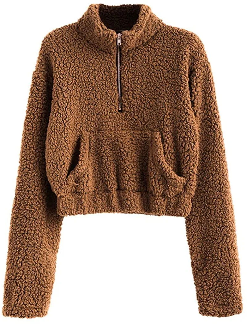 ZAFUL Women's Sherpa Half Zip Pullover Fleece Plaid Leopard Cropped Sweatshirts
