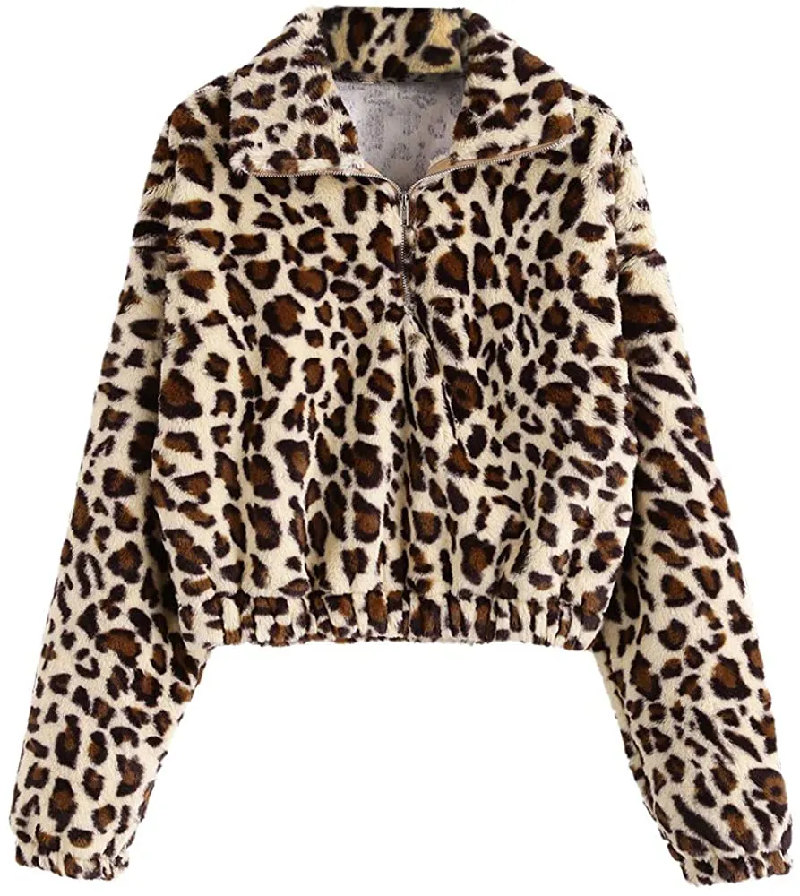 ZAFUL Women's Sherpa Half Zip Pullover Fleece Plaid Leopard Cropped Sweatshirts