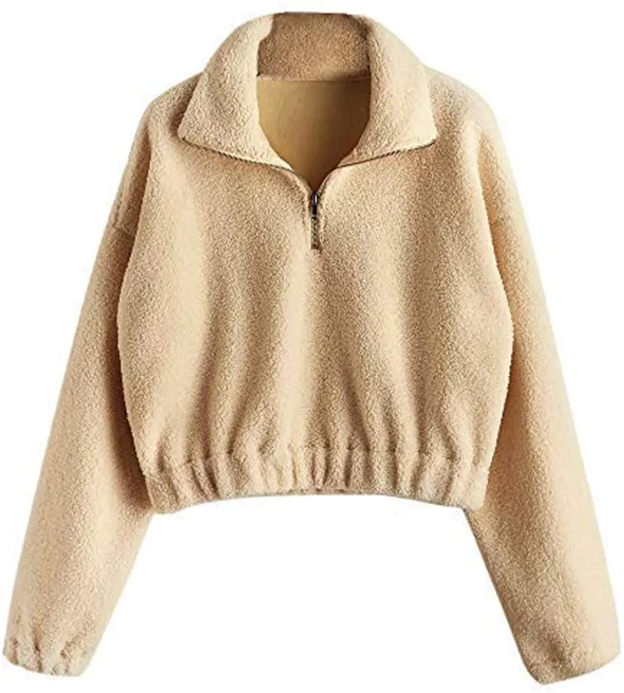 ZAFUL Women's Sherpa Half Zip Pullover Fleece Plaid Leopard Cropped Sweatshirts