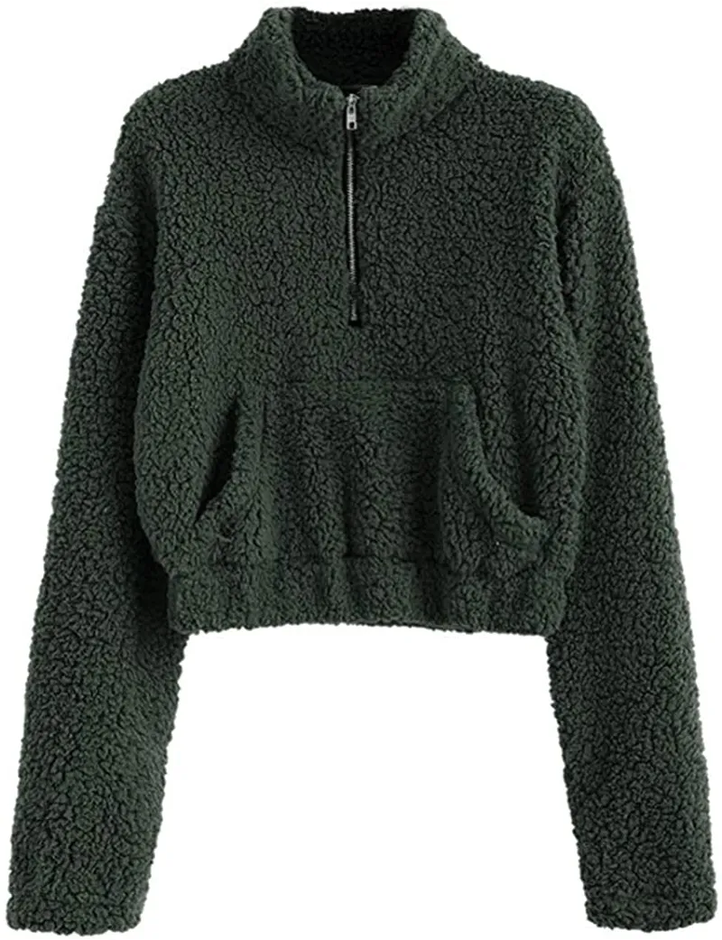 ZAFUL Women's Sherpa Half Zip Pullover Fleece Plaid Leopard Cropped Sweatshirts